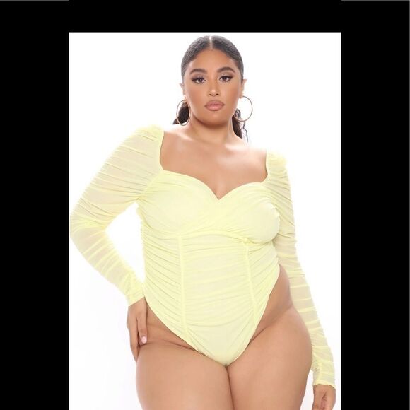 NWT Fashion Nova Can You Handle This Ruched yellow thong bodysuit suit size 1X - Picture 4 of 9